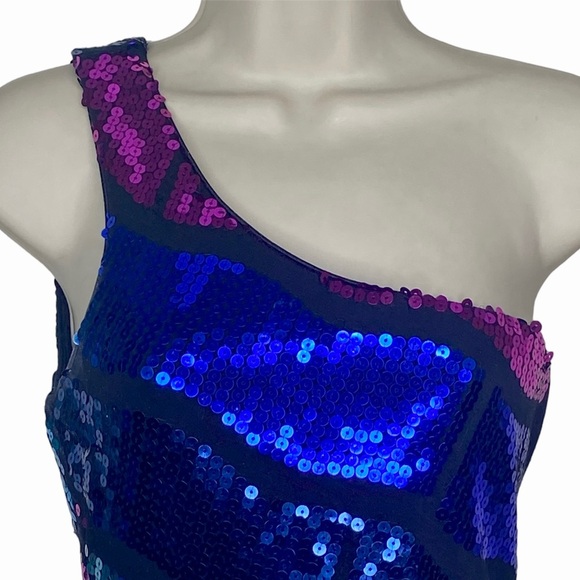 Forever 21 Women’s Asymmetrical Sequined Top One Shoulder L Black Pink Purple - Picture 2 of 14